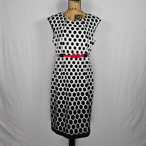 Connected Apparel Black White Honeycomb Sheath Dress Red Belt Geometric‎ 14